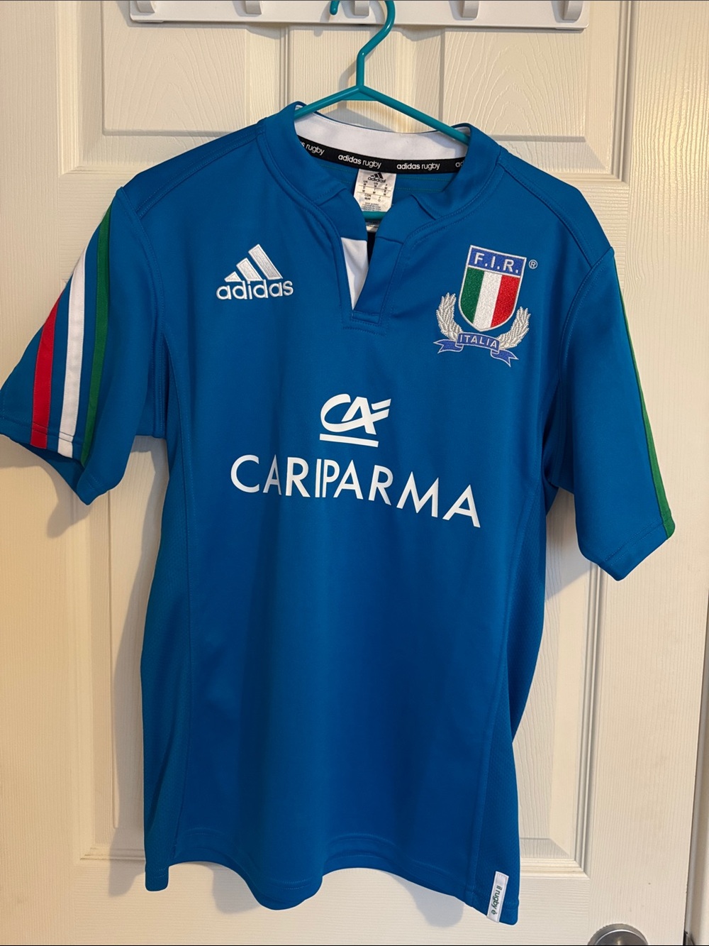 adidas Italy Blue Rugby Jersey with Tricolor Sleeve Stripes